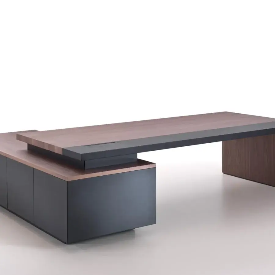 Lavish 4 Mariani Kefa desk with intersecting volumes, a wood top crafted with soft leather inlay and matte finish