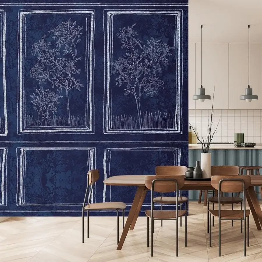Elegant Adriani e Rossi Drawn Lemons wallpaper with stylized lemon trees against navy blue and a matte fiberglass base