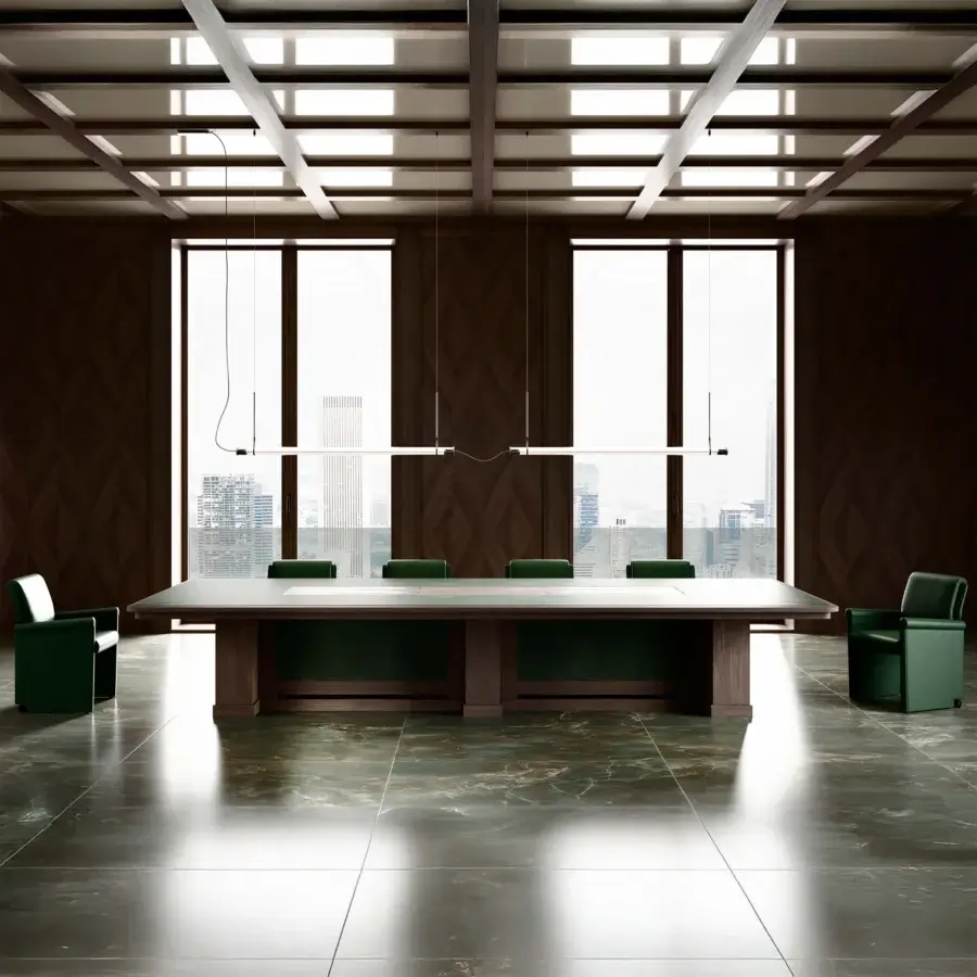 Exclusive Mascheroni Giubileo conference table with leather tabletop and satin medium-dark brown multilayer wood briar construction