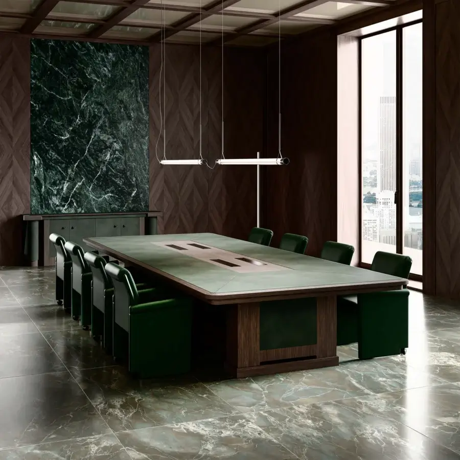 Remarkable Mascheroni Giubileo conference table with leather tabletop and satin multilayer wood briar base