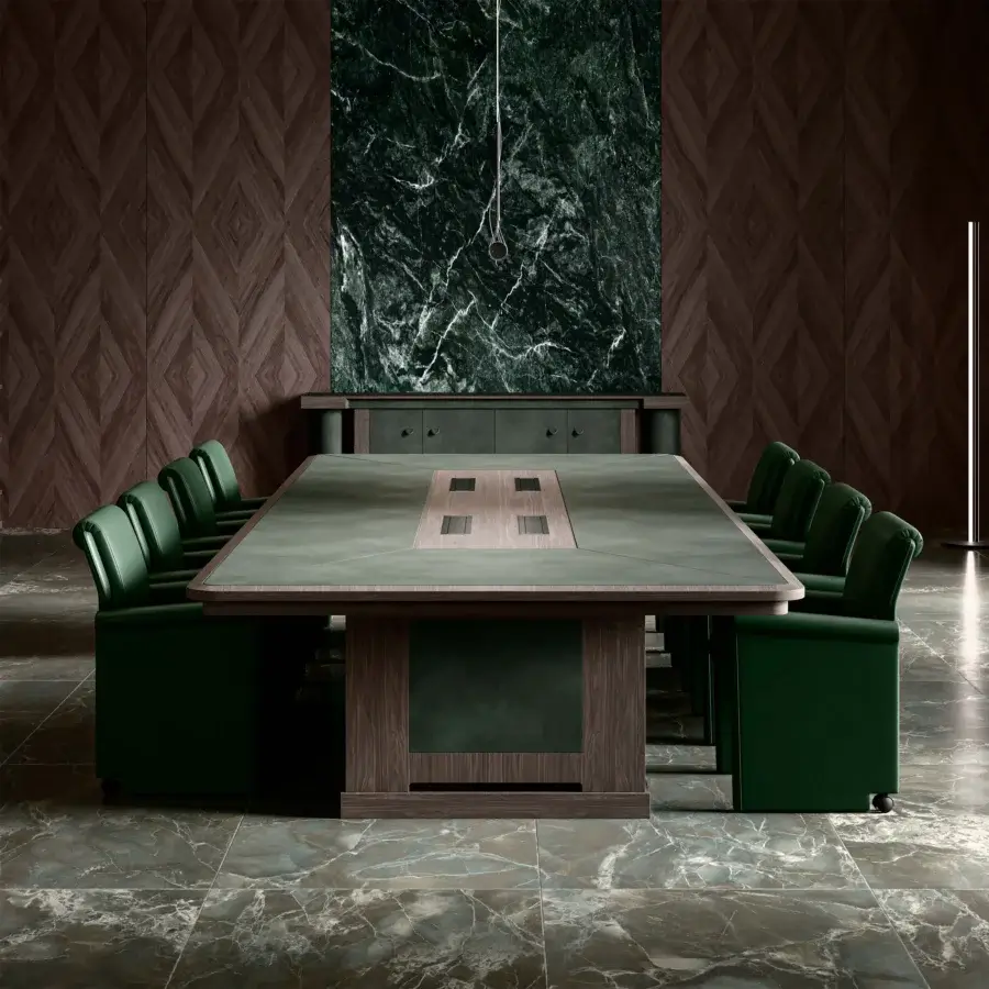 Distinguished Mascheroni Giubileo conference table with dark green leather tabletop and satin multilayer wood framework
