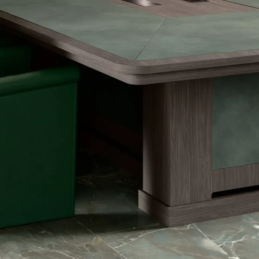 Superior Mascheroni Giubileo conference table with medium-tone brown wood and dark teal textile panels crafted in matte finish