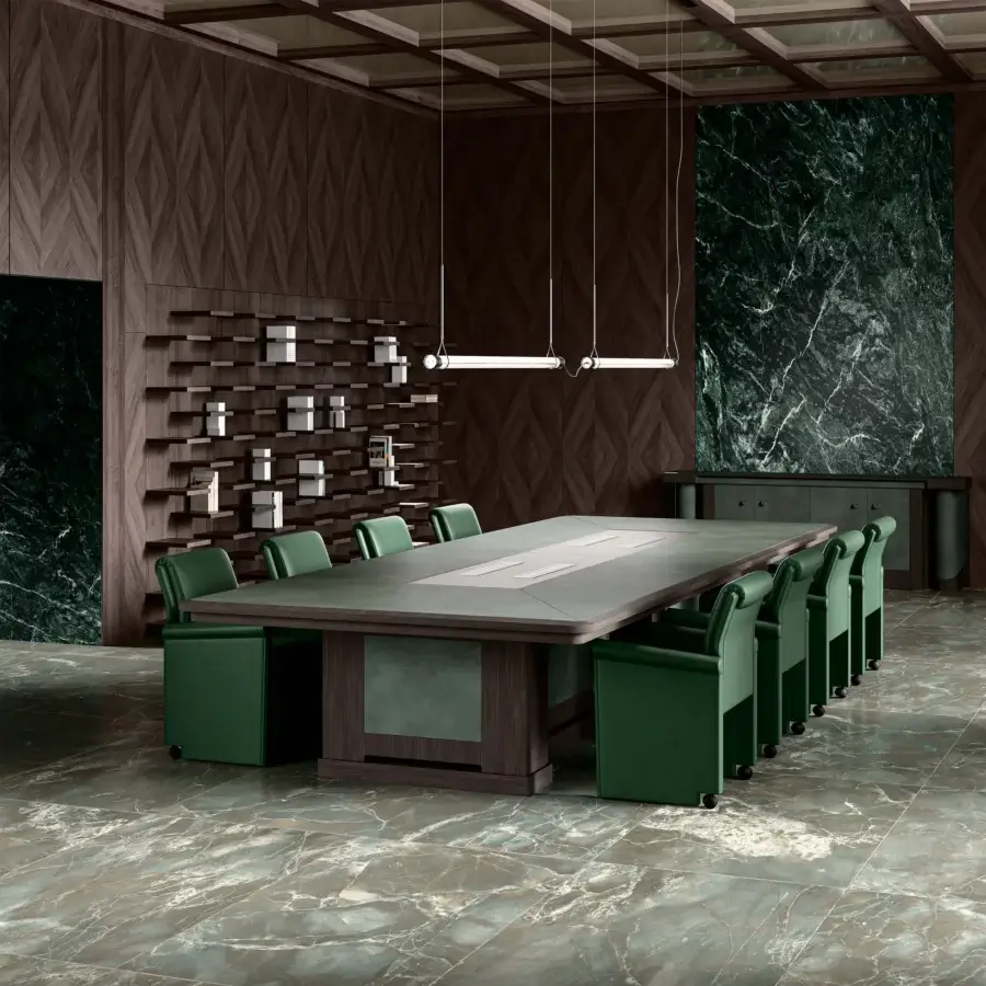 Exceptional Mascheroni Giubileo conference table crafted with warm brown leather over multilayer wood and briar, finished with a satin sheen