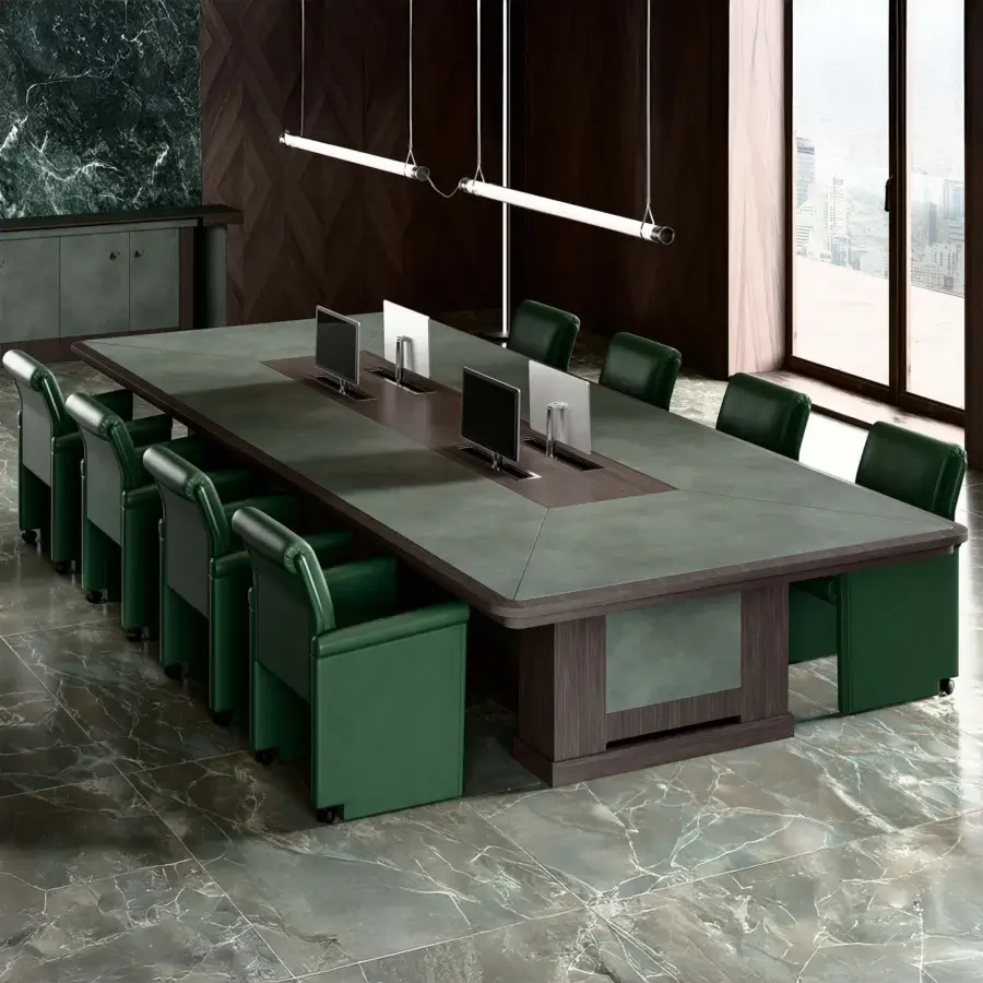 Distinguished Mascheroni Giubileo conference table with muted gray leather over satin-finish warm brown wood built with multilayer and briar