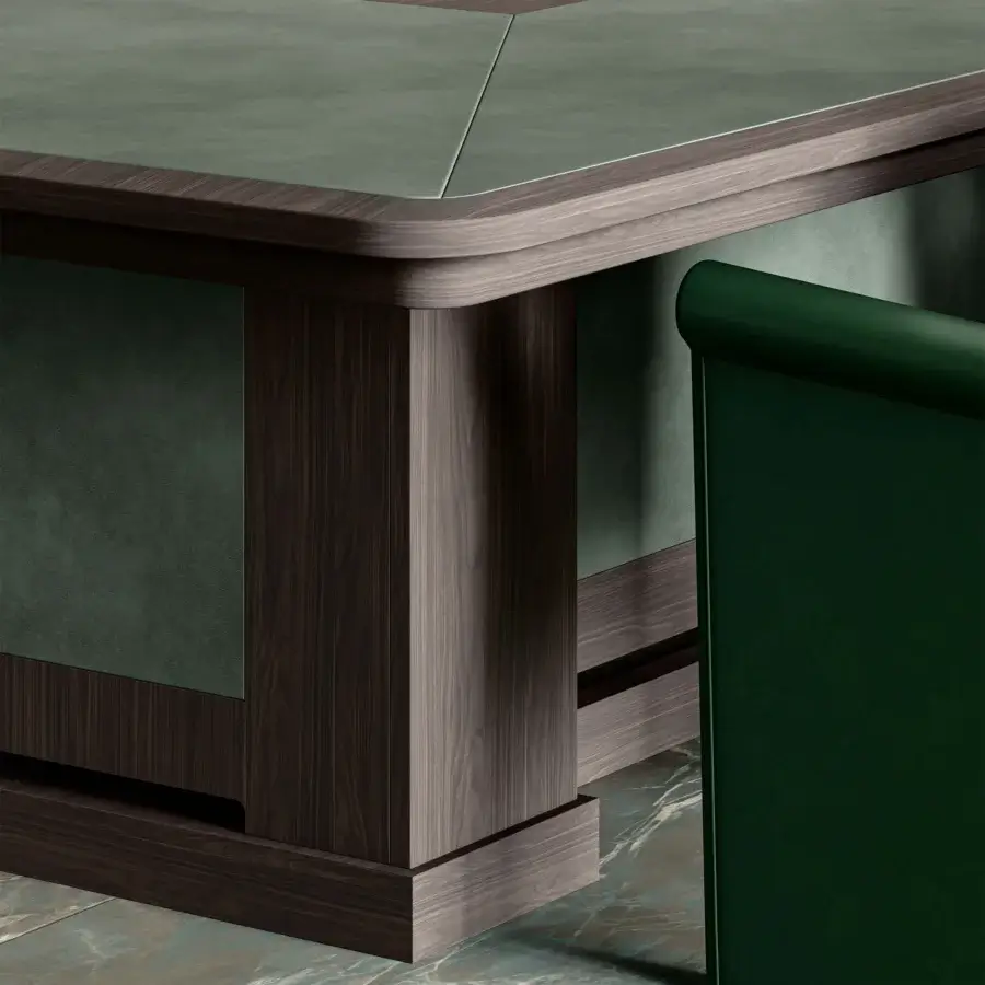 Exclusive Mascheroni Giubileo conference table crafted with warm brown leather and subtle teal accents in a satin finish