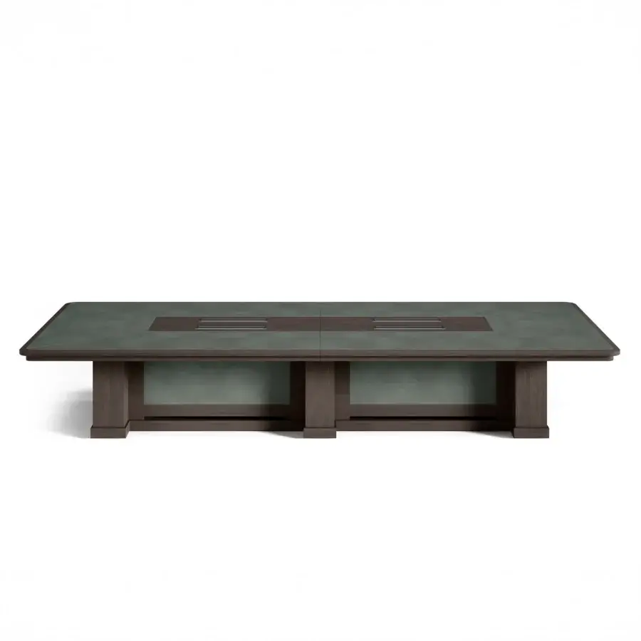 Superior Mascheroni Giubileo conference table built with dark satin-finish wood and muted green textile panels in leather