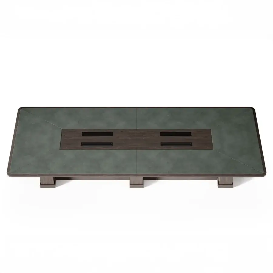 Elegant Mascheroni Giubileo conference table with muted green leather over a dark satin-finish wood structure