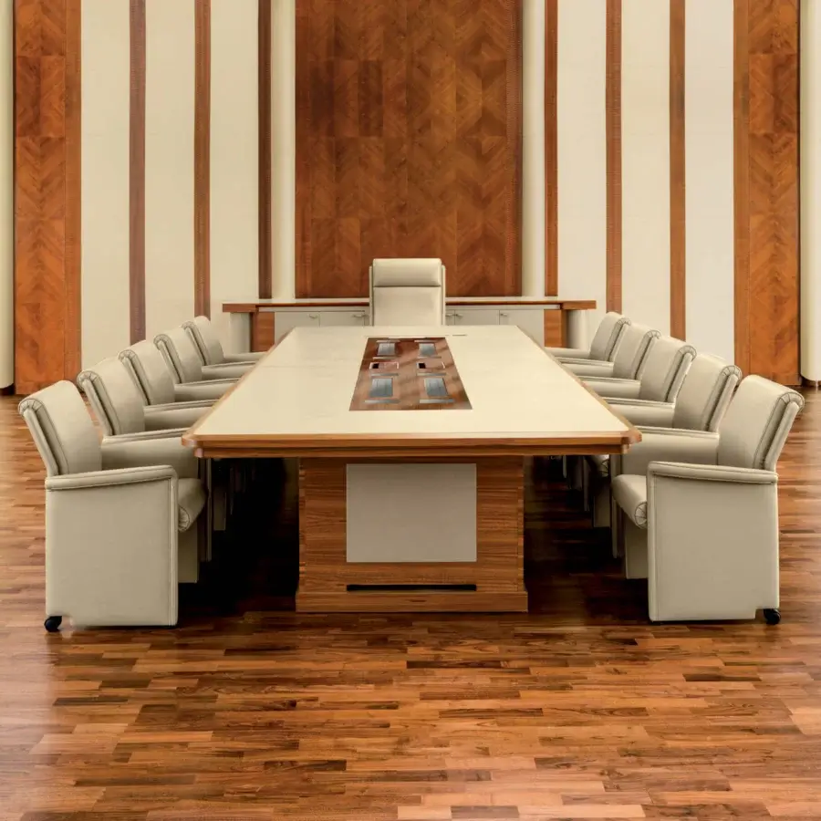 Exclusive Mascheroni Giubileo conference table with geometric inlay in a satin wood and leather build