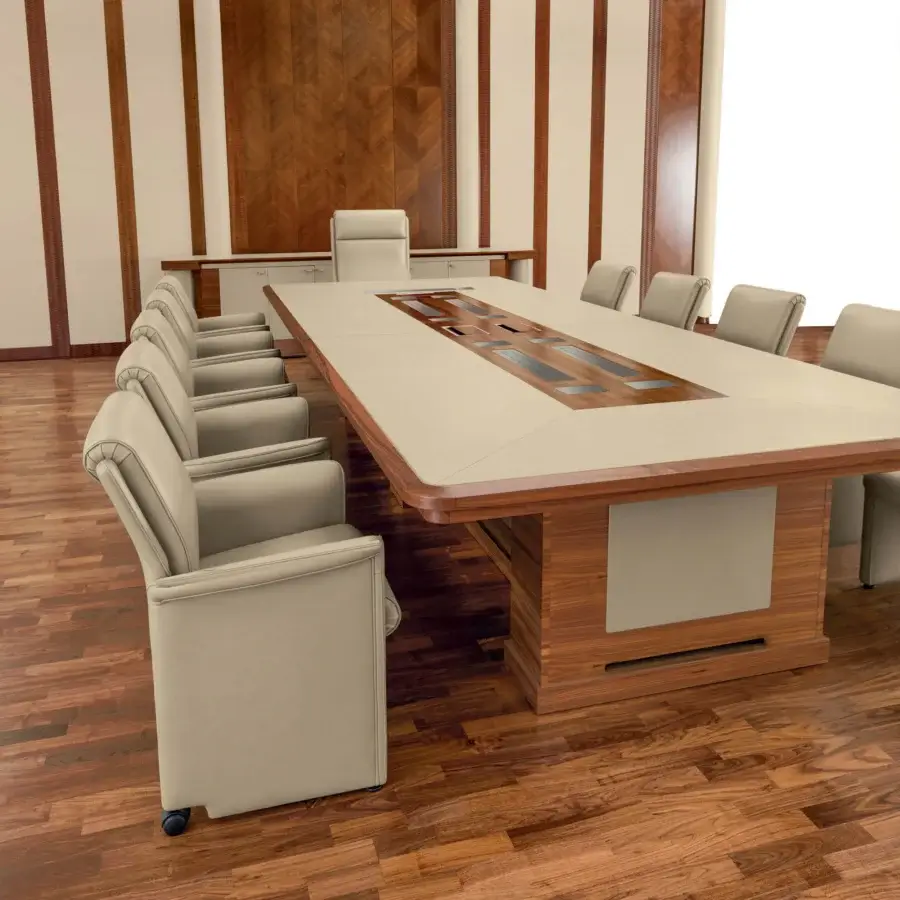 Exceptional Mascheroni Giubileo conference table crafted with warm leather and lighter wood, finished in satin
