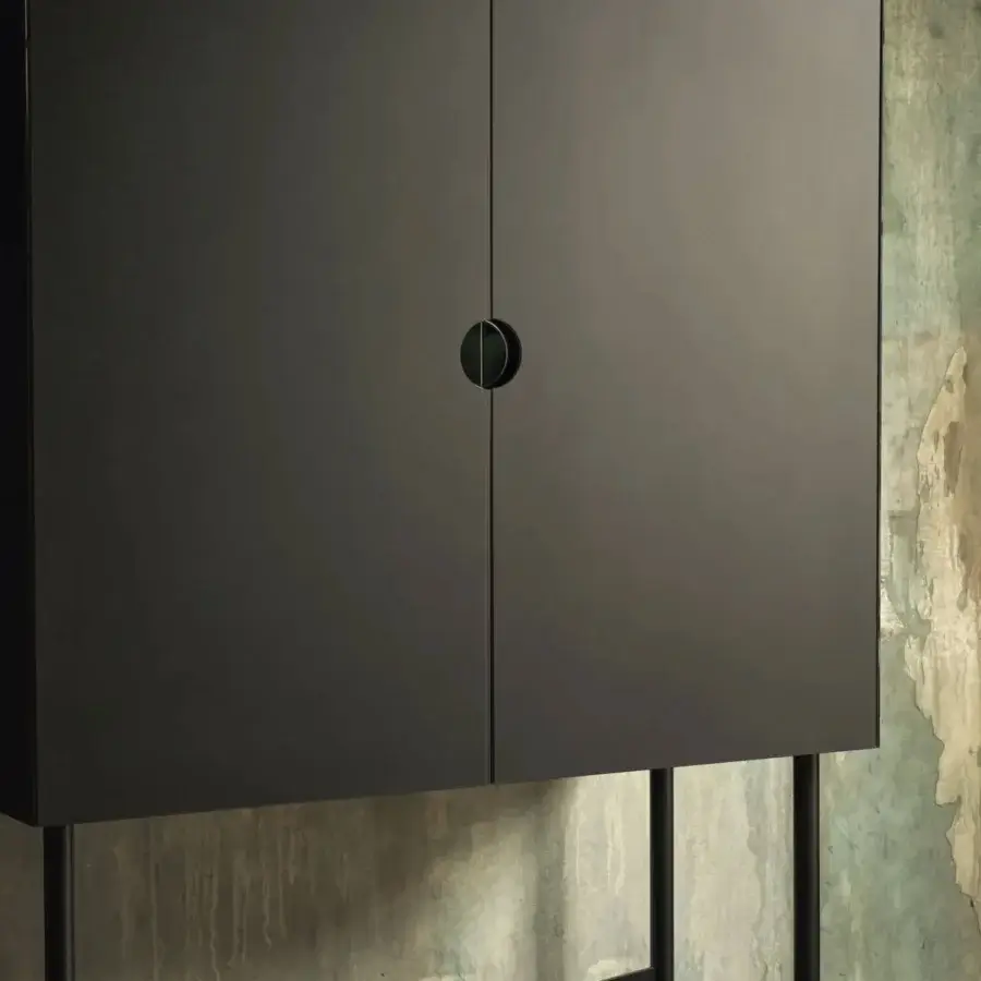Distinguished Bontempi Madison bar cabinet with geometric form, dark gray finish and sleek black metal base, including clear glass shelf