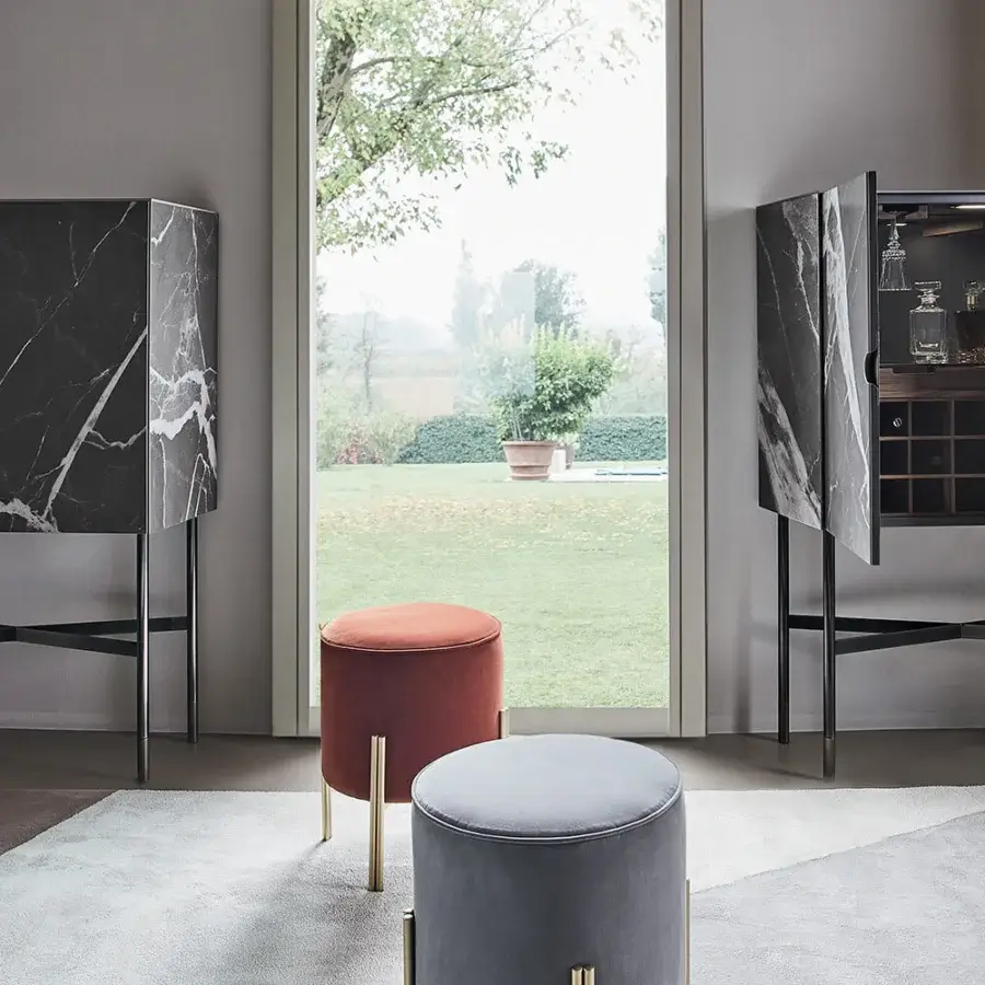 Elegant Bontempi Madison bar cabinet in dark gray with marble-like finish and illuminated clear glass shelving