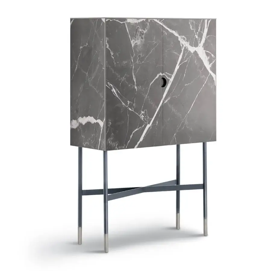 Exceptional Bontempi Madison bar cabinet with polished marble-look exterior and satin-finish metal base