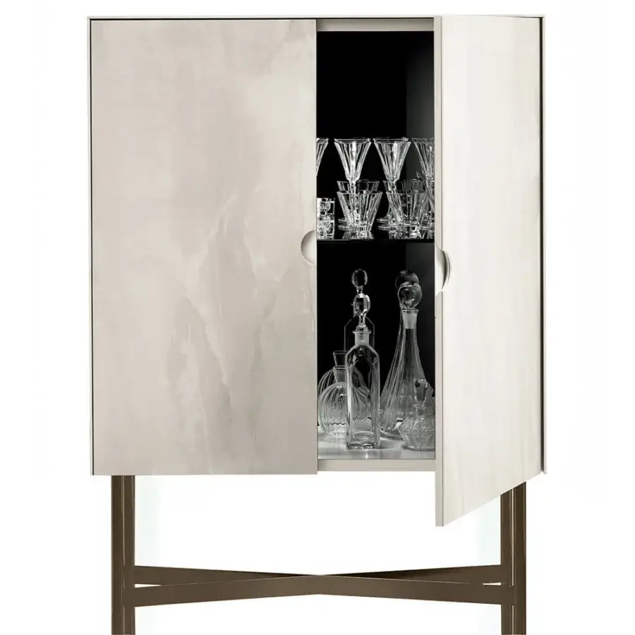 Superior Bontempi Madison bar cabinet with pale beige wood and dark metal crossed legs, boasting a textured matte finish
