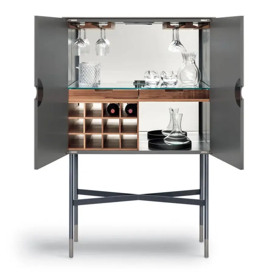 Elegant Bontempi Madison bar cabinet with dark gray matte finish, crossed metal base, illuminated wood bottle rack and clear glass shelf
