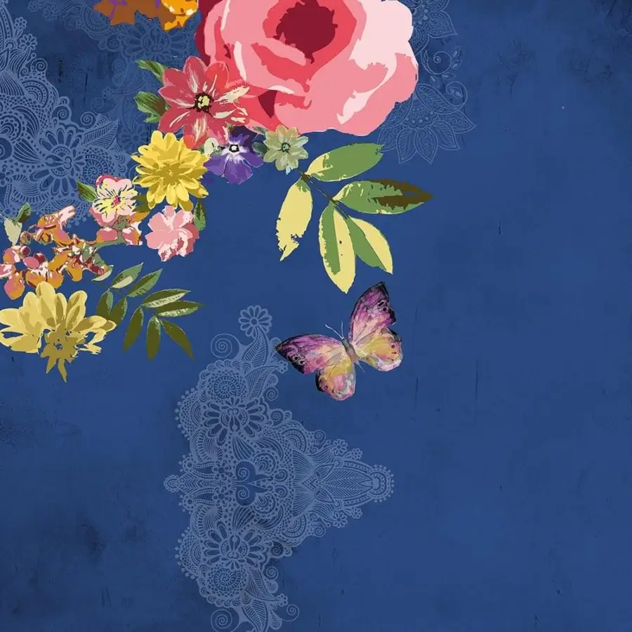 Distinguished Adriani e Rossi Ken 3 wallpaper with lush roses and butterflies against a rich navy blue fiberglass base finish