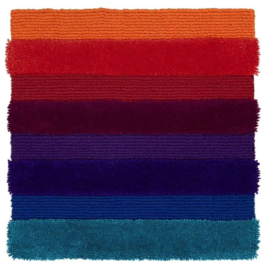 Superior Amini Domino rug hand-tufted in New Zealand wool with orange, red, purple, and teal gradient coloration and carved finish