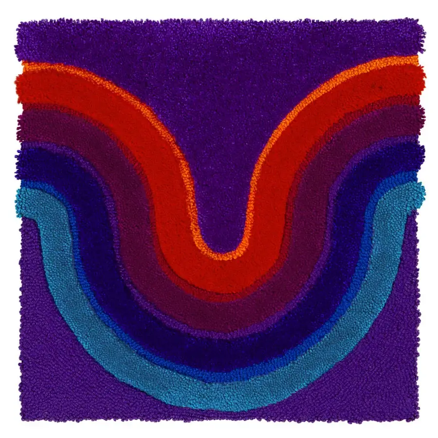 Distinguished Amini Domino rug hand-tufted in purple, red, orange, and teal New Zealand wool with a carved texture