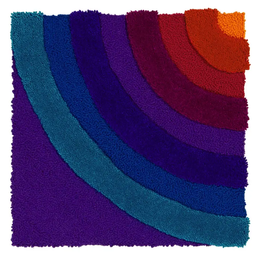 Distinguished Amini Domino rug hand-tufted in New Zealand wool with bold curved bands of teal, magenta, and orange hues and carved texture