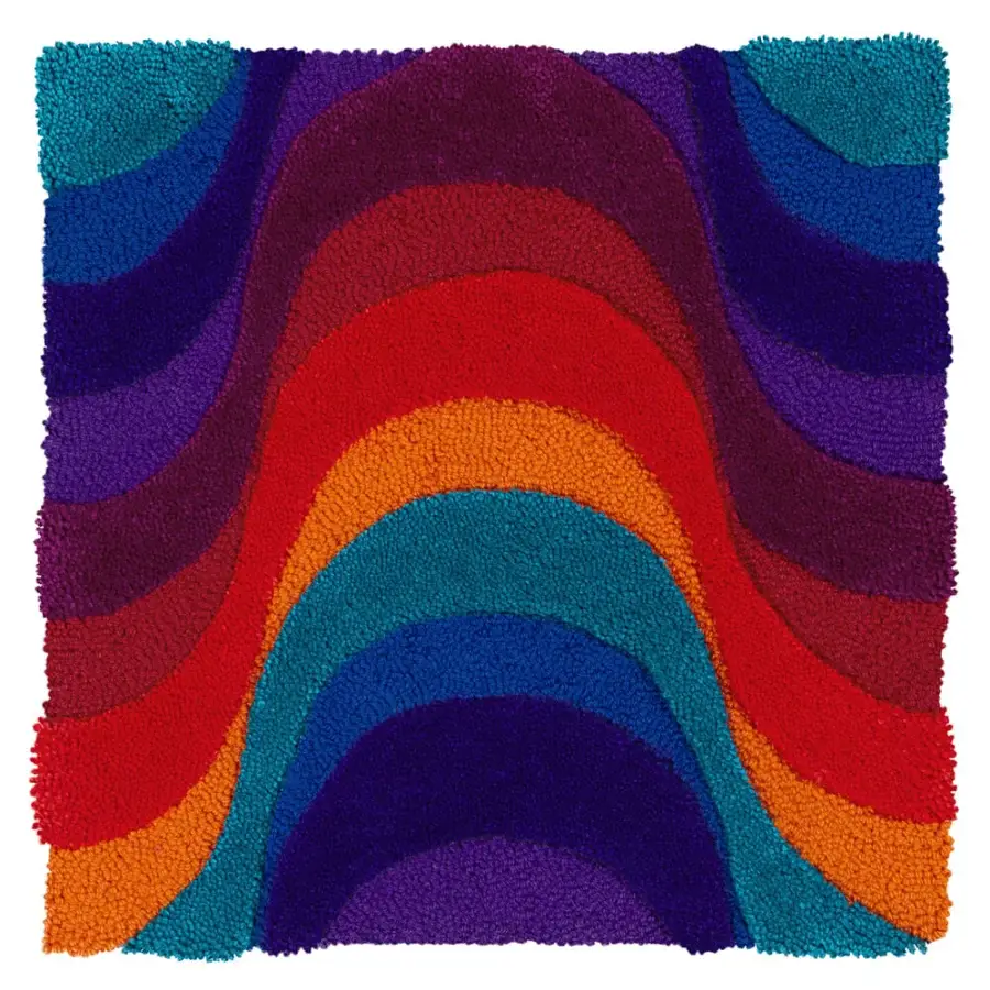 Superior Amini Domino rug crafted from New Zealand wool with undulating waves in purple, blue, orange, red, and yellow hues with hand-washed detailing