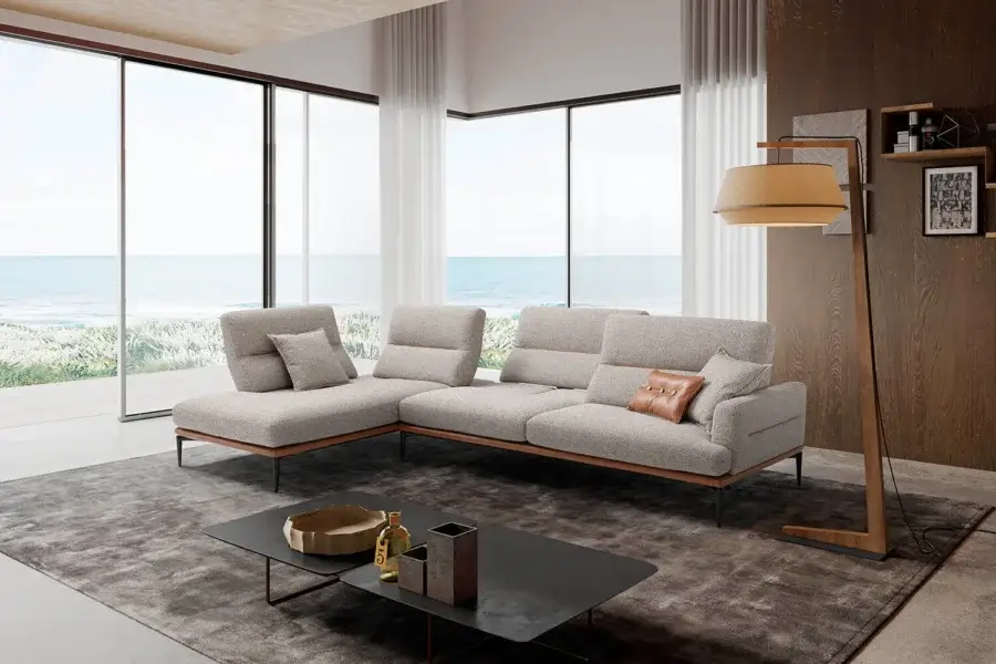 Superior Egoitaliano Feng sectional with light gray woven textile upholstery and epoxy powder-coated metal legs