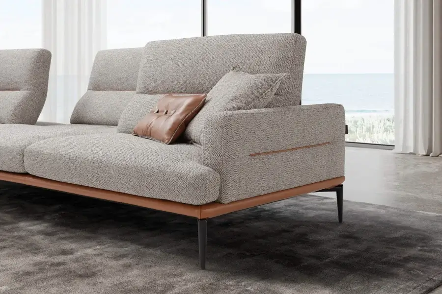 Distinguished Egoitaliano Feng sectional with light gray woven fabric upholstery and warm brown leather accents built with birch plywood