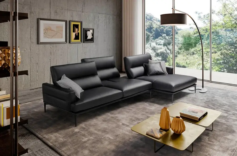Superior Egoitaliano Feng sectional with dark leather upholstery and epoxy powder-coated metal base crafted for lasting durability
