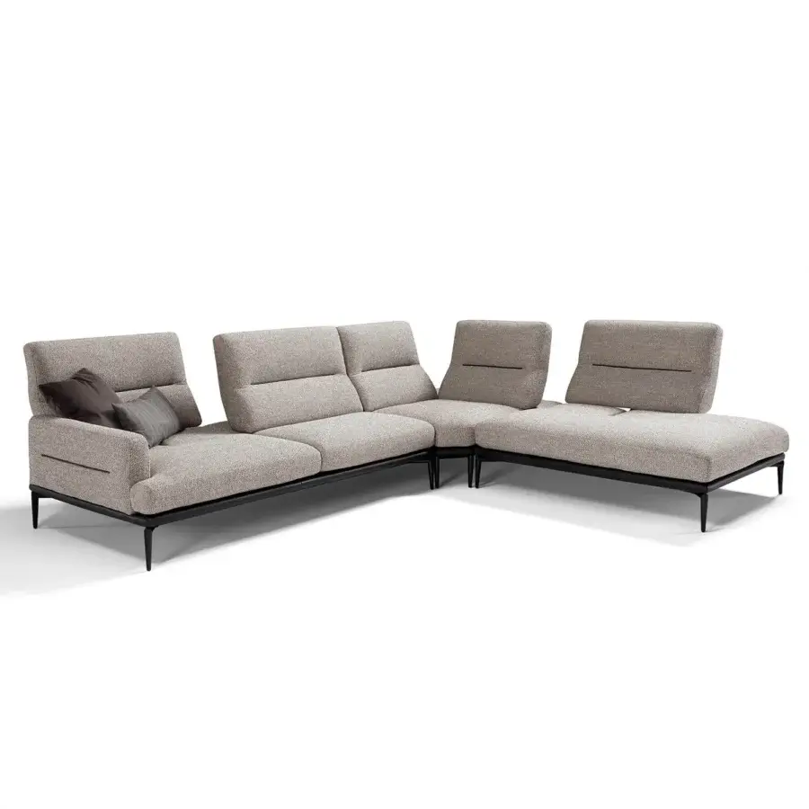 Distinguished Egoitaliano Feng sectional with textured light beige textile upholstery and dark-toned epoxy powder coated metal frame