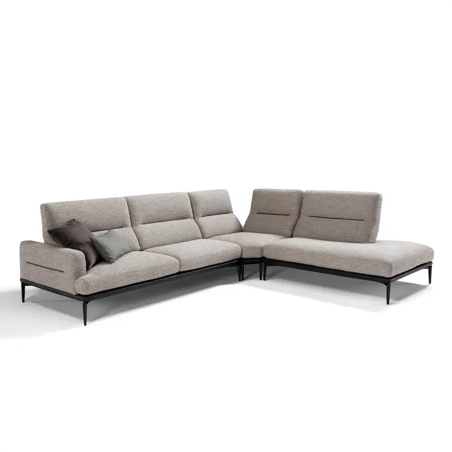 Superior Egoitaliano Feng sectional with neutral beige textile upholstery, metal legs and adjustable backrests