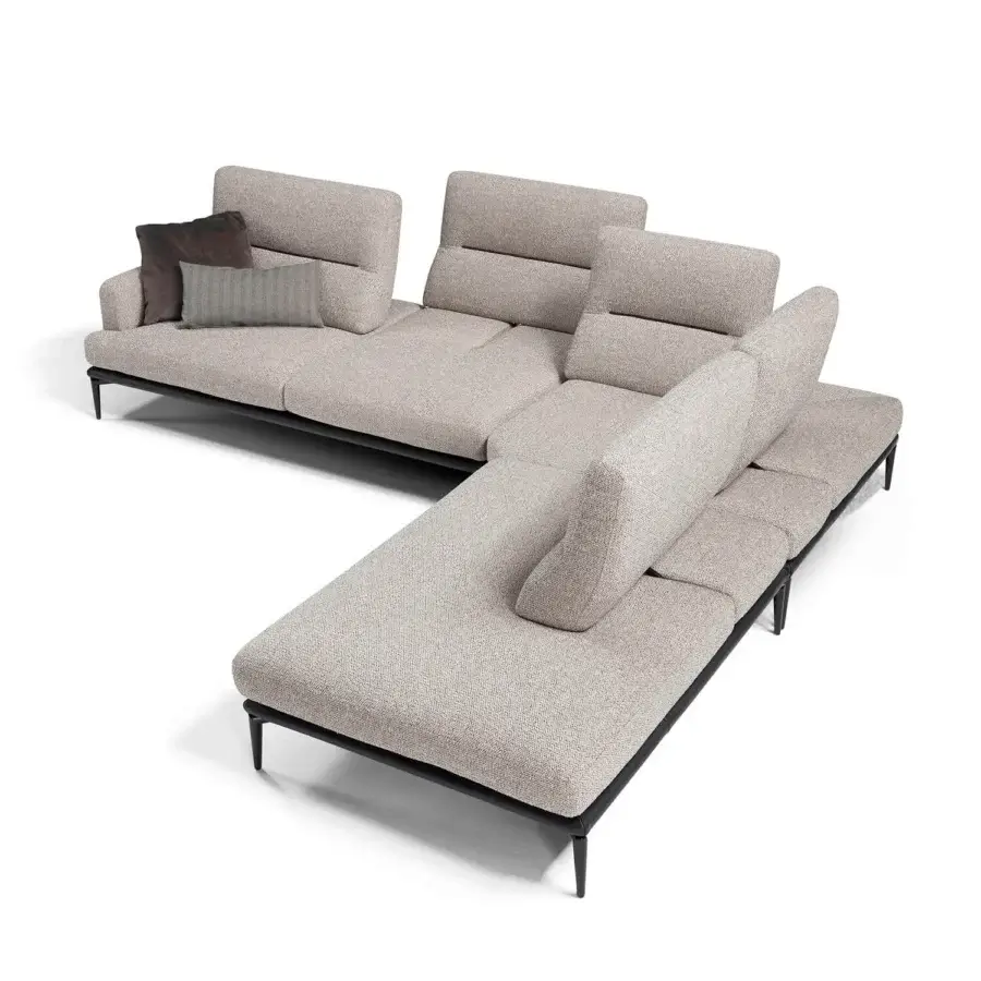 Exclusive Egoitaliano Feng sectional with textured neutral beige textile upholstery and dark-toned epoxy powder coated metal legs