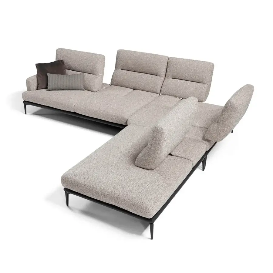Captivating Egoitaliano Feng sectional with textured neutral beige textile upholstery and dark-toned epoxy powder-coated metal legs