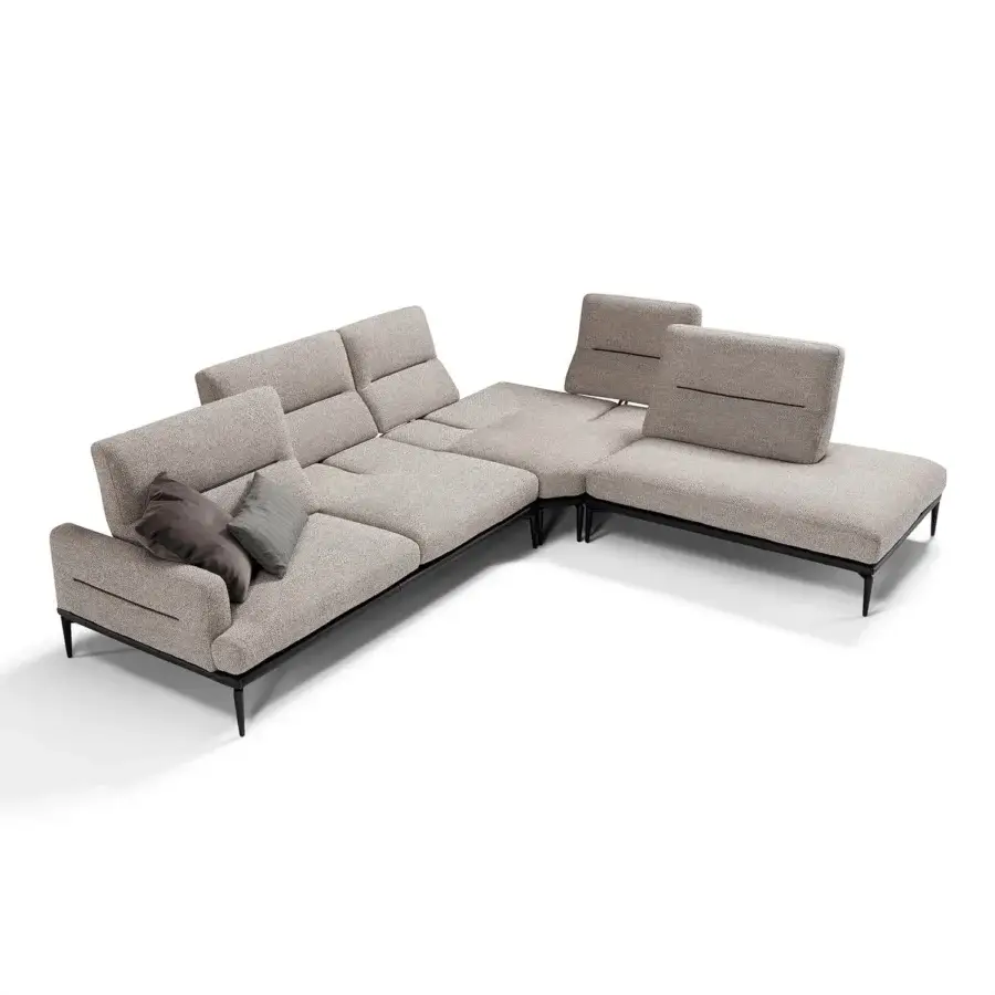 Distinguished Egoitaliano Feng sectional with light neutral beige textured textile upholstery and epoxy powder-coated metal legs