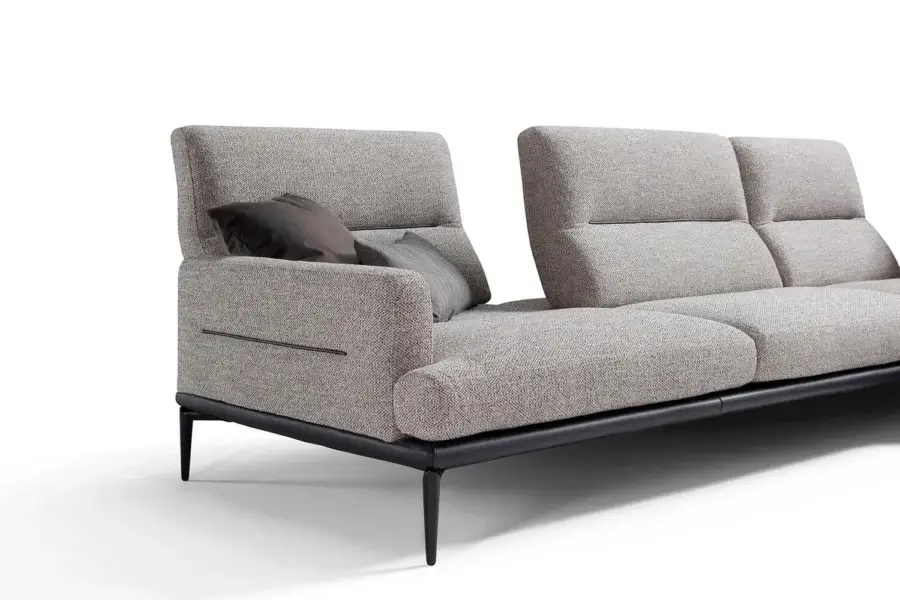 Superior Egoitaliano Feng sectional with neutral gray textured fabric upholstery and epoxy powder-coated metal legs