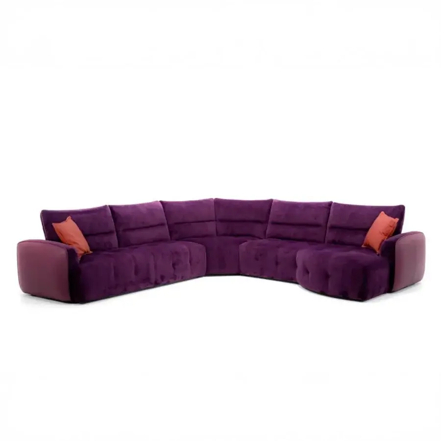 Exceptional Egoitaliano Mavie sectional with plush matte purple textile and contrasting accent cushions built with a premium wooden structure