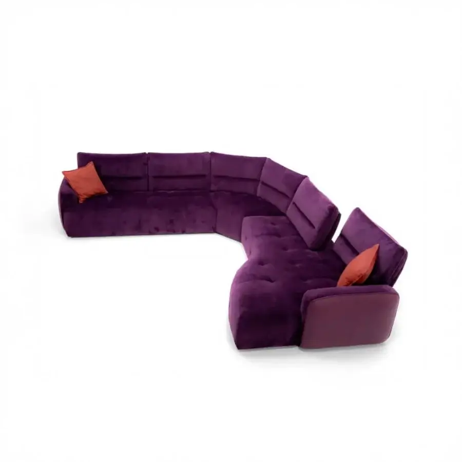Distinguished Egoitaliano Mavie sectional with electric backrests upholstered in plush matte purple textile and built with a premium wooden structure
