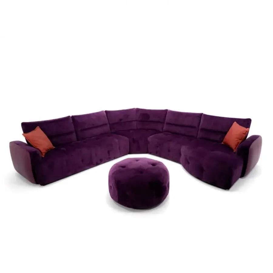 Exceptional Egoitaliano Mavie sectional with enveloping curves upholstered in plush matte purple textile and contrasting cushions