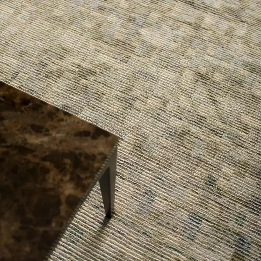 Lavish Amini Lake rug hand-knotted from pure silk with a lush green hue and subtly distressed texture finished in Nepal