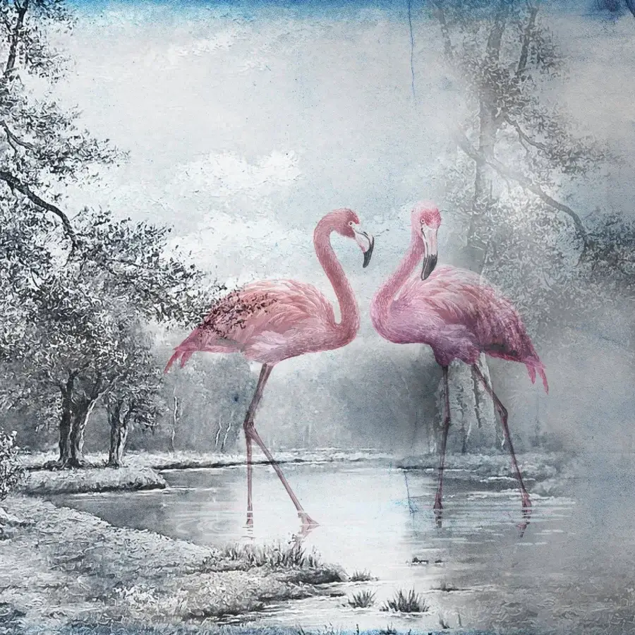 Exceptional Adriani e Rossi Flamingo Wallpaper depicts graceful flamingos within a grayscale landscape with blush to rose hues and fiberglass finish