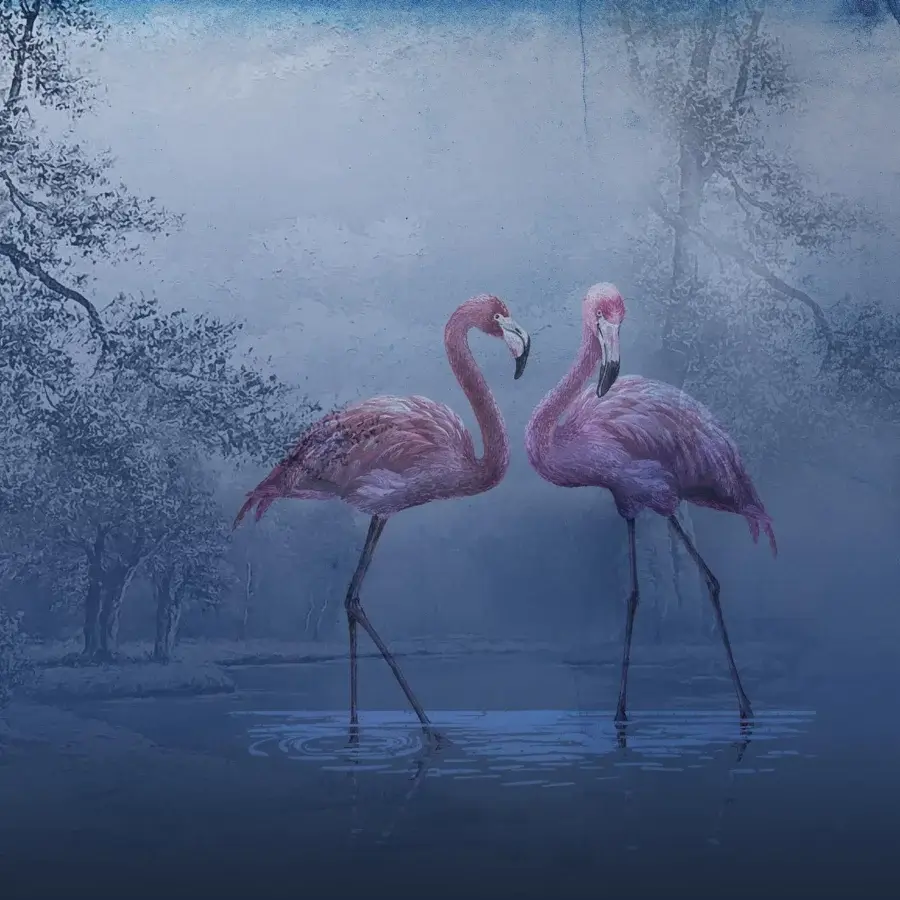 Superior Adriani e Rossi Flamingo wallpaper showcases rose and pink flamingos within a gray landscape with fiberglass finish