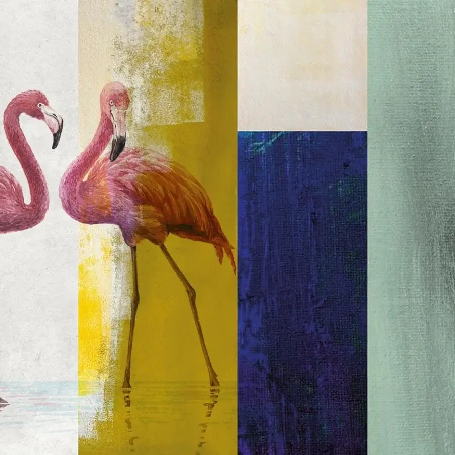 Elegant Adriani e Rossi Flamingo wallpaper displays pink flamingos against blocks of mustard yellow, navy blue, and teal with a cement finish