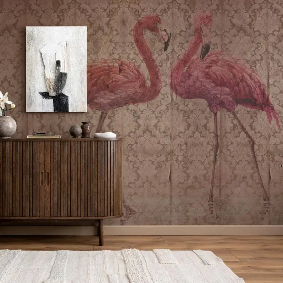Superior Adriani e Rossi Flamingo wallpaper showcases graceful flamingos within vintage floral damask with matte finish