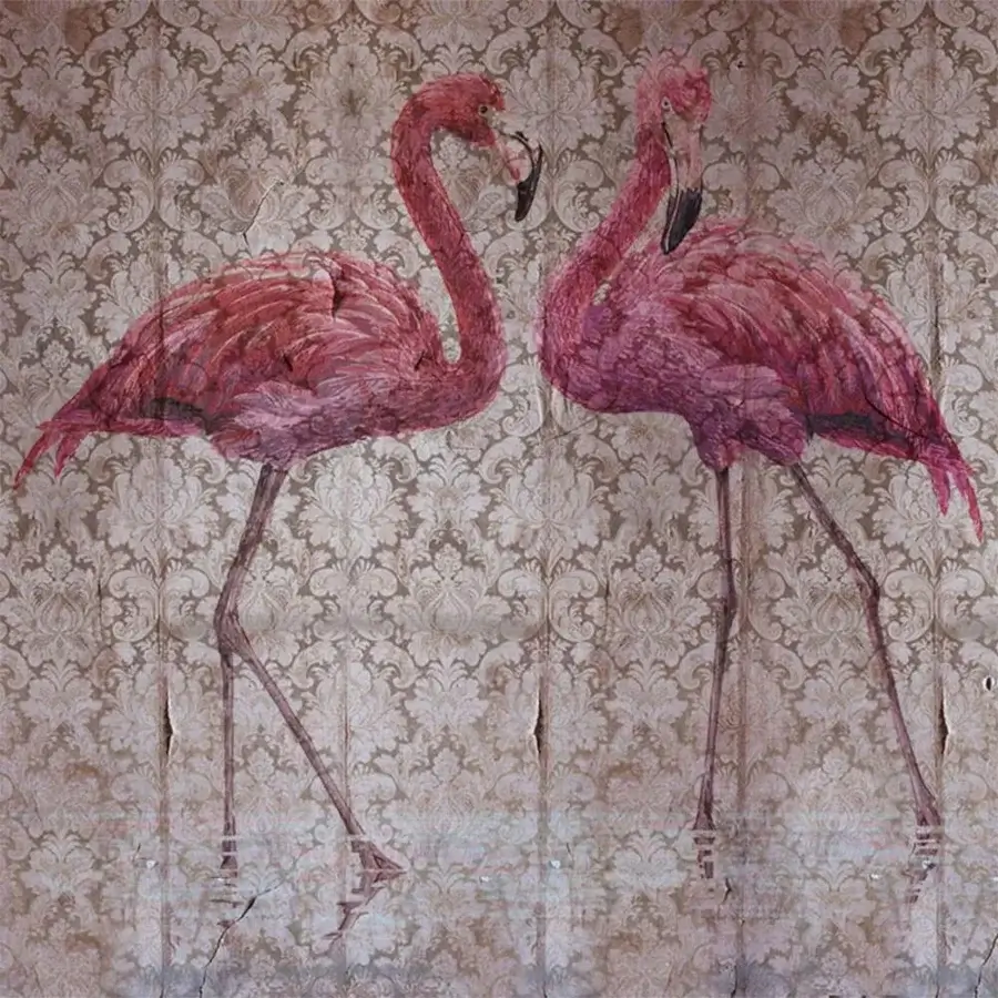 Refined Adriani e Rossi Flamingo wallpaper displays graceful flamingos with vintage floral damask in muted hues and soft-touch finish