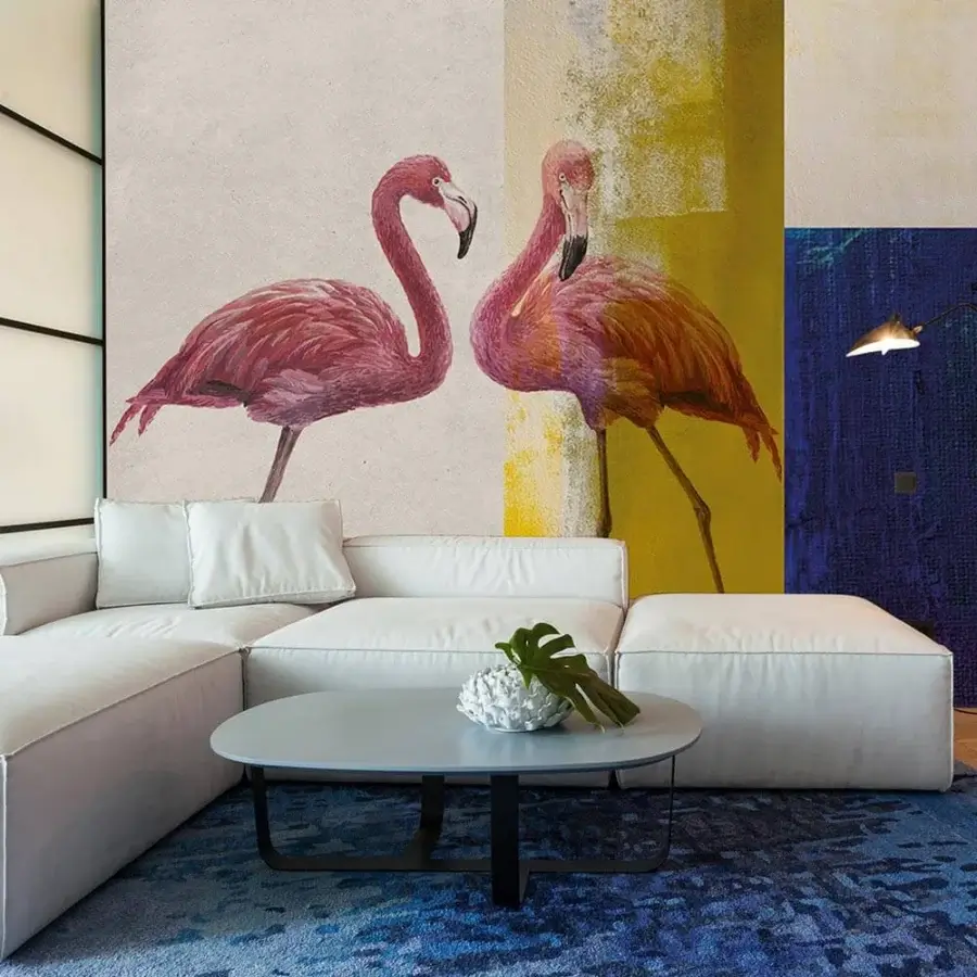 Exceptional Adriani e Rossi Flamingo wallpaper displays flamingos against textured pale beige with abstract yellow blocks crafted in Italy
