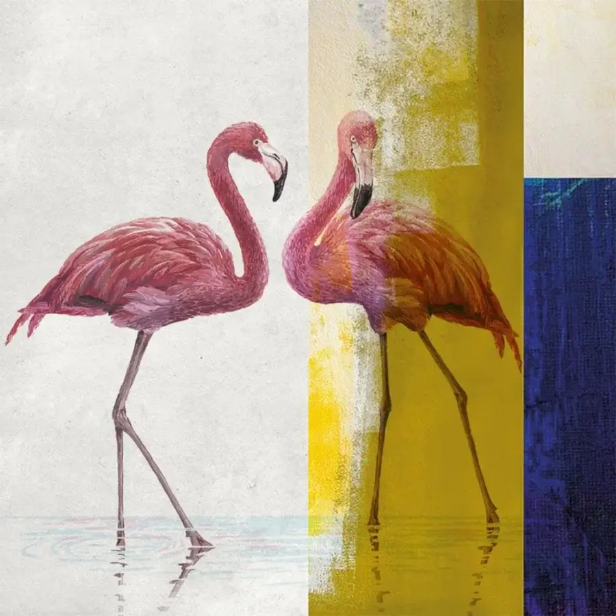 Distinguished Adriani e Rossi Flamingo wallpaper showcases graceful flamingos within abstract blocks of yellow, blue, and neutral tones with cement finish
