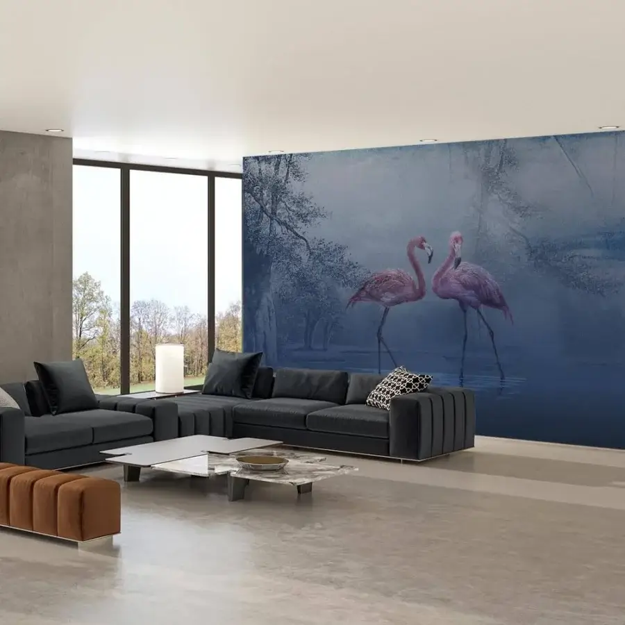 Elegant Adriani e Rossi Flamingo wallpaper presents graceful flamingo silhouettes with a muted blue backdrop and soft-touch finish
