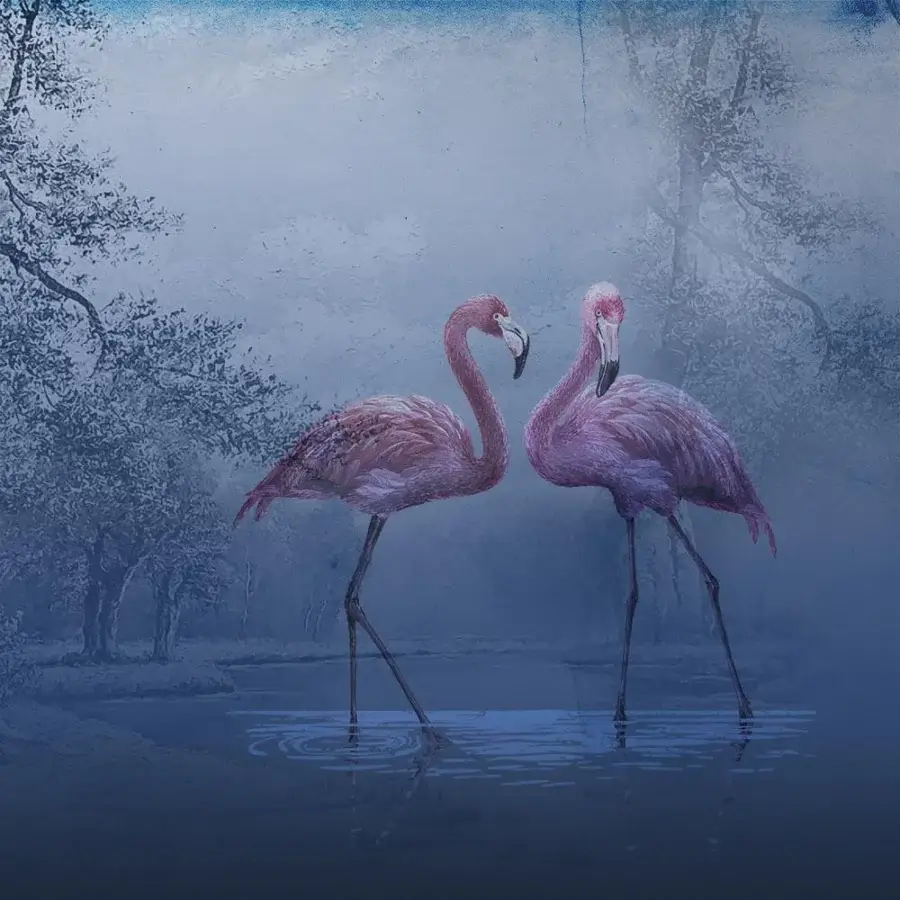 Superior Adriani e Rossi Flamingo wallpaper depicts graceful flamingos within a misty, gray-toned landscape with a fiberglass base