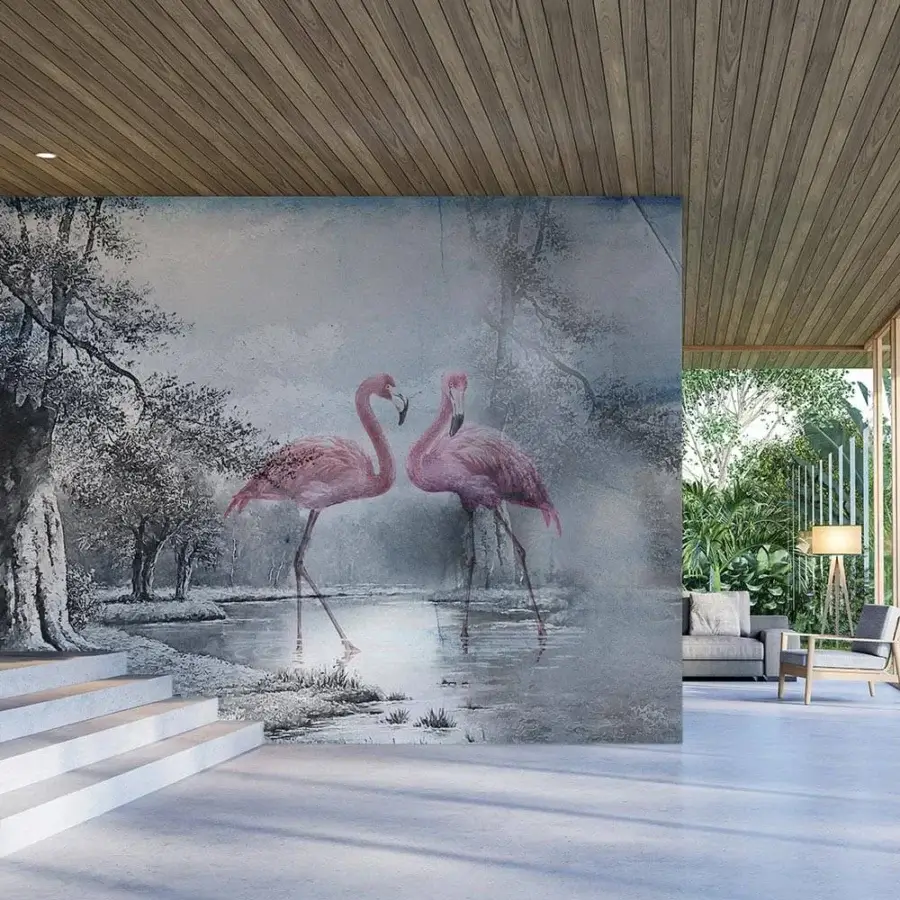 Captivating Adriani e Rossi Flamingo wallpaper depicts two graceful flamingos within a serene, gray landscape with a matte finish
