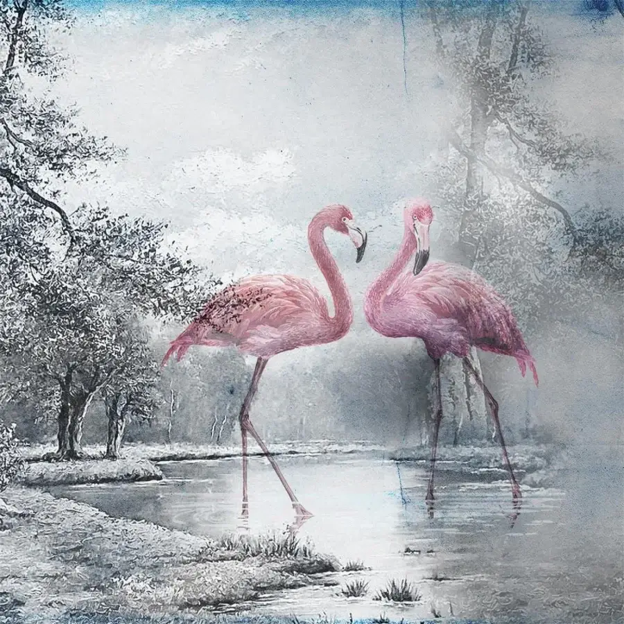 Distinguished Adriani e Rossi Flamingo wallpaper depicting graceful flamingos within a grayscale landscape with subtle blue undertones and fiberglass base finish