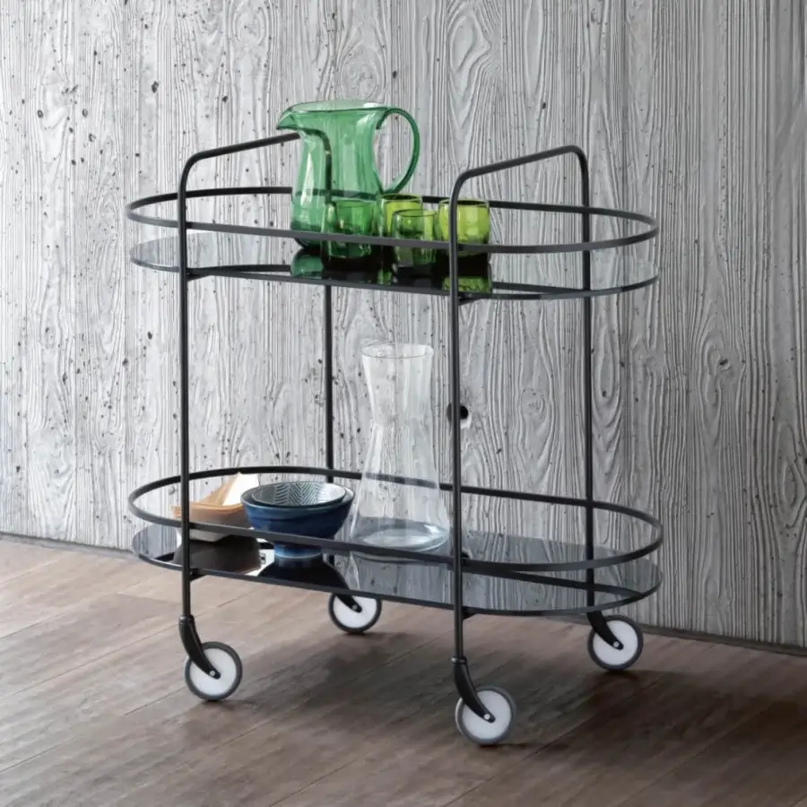 Elegant Bontempi Chic trolley with a matte dark gray metal frame and transparent glass shelves crafted in Italy