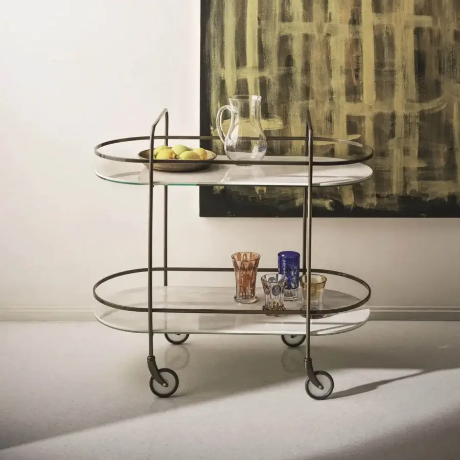 Distinguished Bontempi Chic trolley crafted in Italy with dark matte metal and transparent glass shelves offering a contemporary aesthetic