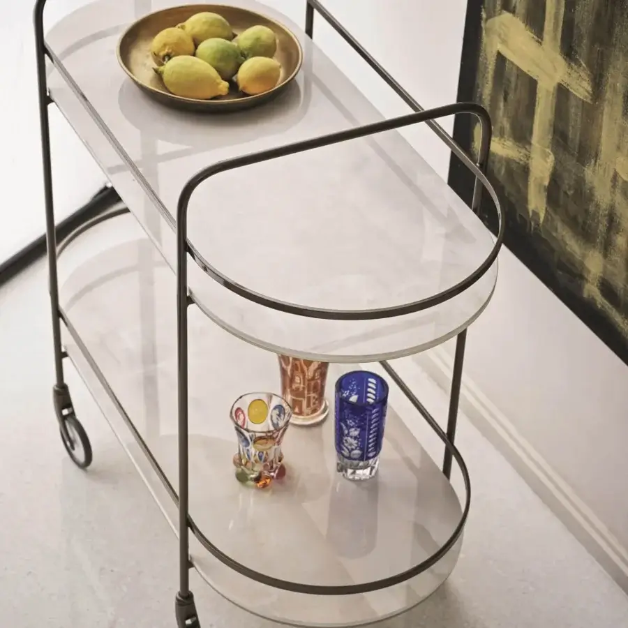 Elegant Bontempi Chic trolley crafted in Italy with transparent glass shelves and dark gray metal finish